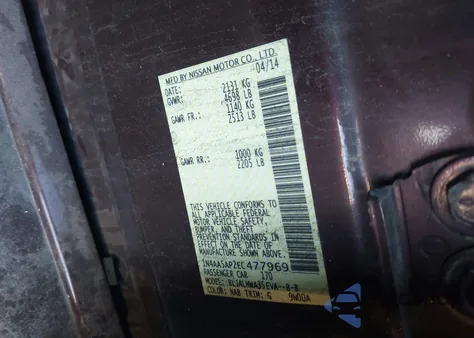 2014 Nissan Maxima 3.5 Sv from USA, damaged, VIN 1N4AA5AP2EC477969